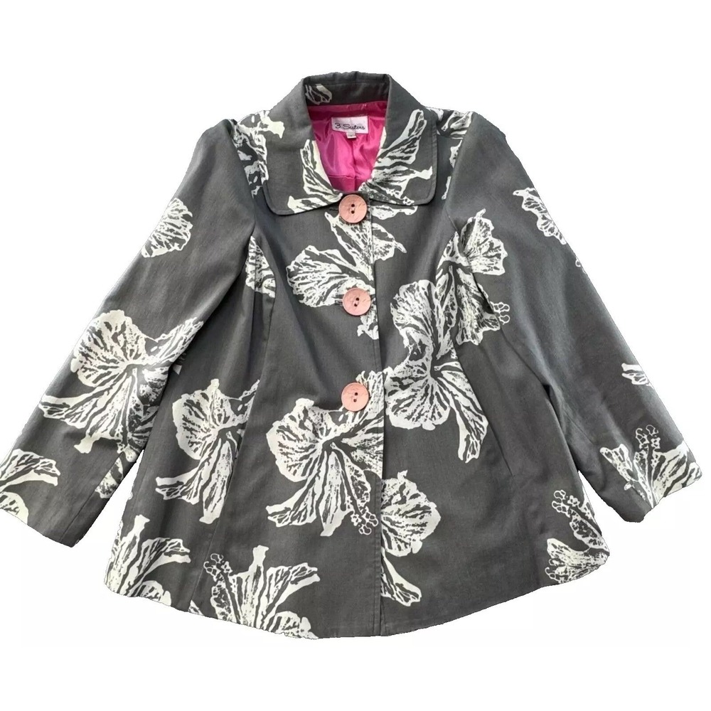 3 Sisters Gray Floral Hibiscus Swing Jacket Size S Pink Lining Large Buttons